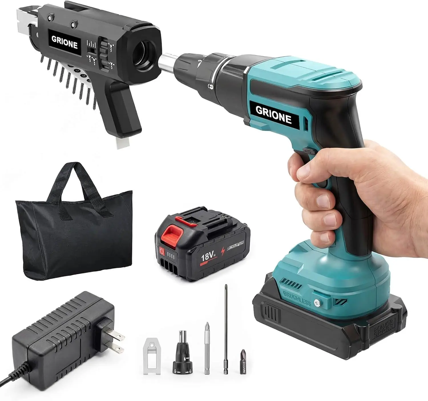 GRIONE 18V Brushless Cordless Drywall Screw Gun with Auto-Feed System, Makita 18V Compatible Batteries, 4.0Ah Cells, Fast Charger, 5000 RPM, Adjustable Screw Length-Depth, 360° Rotating Head, 1-Handed Use for Wood/Frame, Construction Pros, Durable Design,