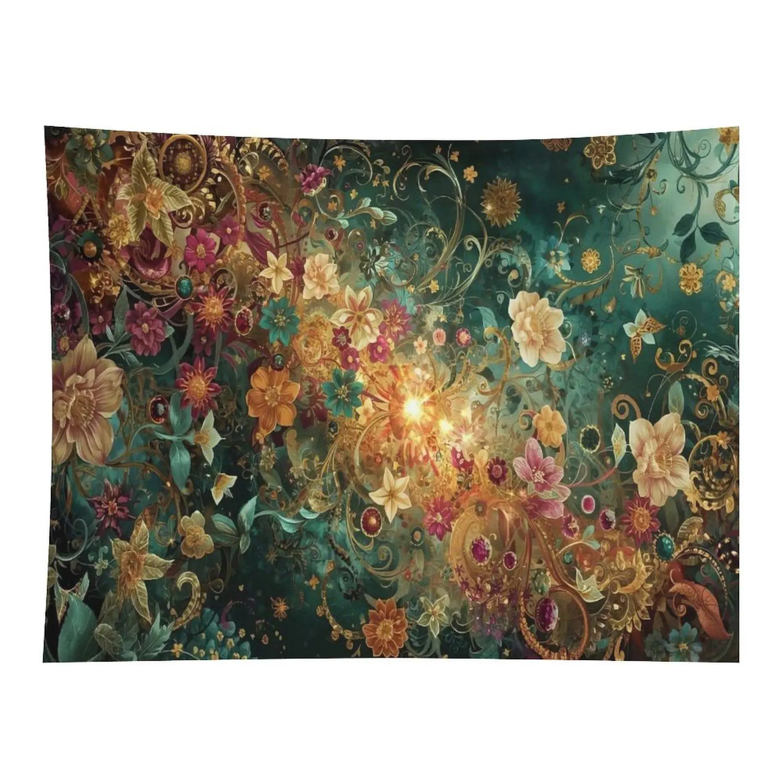 Dark Vintage Ornate Golden Floral Swirl Wall Tapestry with Glowing Sun Center - Decorative Wall Decor, Vintage Home Decor, Home Accessories for Living Room, Bedroom
