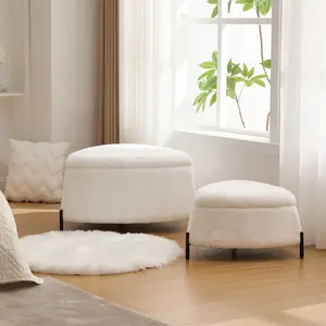 2-in-1 Nesting Storage Ottoman Set of 2, Faux Fur Upholstered Footstool with Plywood Frame & Adjustable Metal Legs, Reversible Wooden Tray, 275 LBS Load Capacity, All Tools Included Assembly Required for Living Room, Bedroom, Corridor