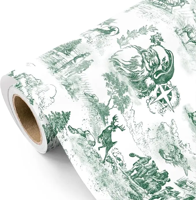 WRAPAHOLIC Toile Vintage Christmas Wrapping Paper Santa Toile de Jouy ,Cute Cat, Santa, Unicorn, Gaming Christmas Wrapping Paper for Familes,Kids Xmas Holiday& Party Celebration, Mini Roll  17 Inch x 16.5 Feet
