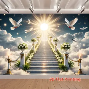 Heavenly Staircase Theme Background Cloth, Dove Holy Light Decoration, Memorial Event Props, Religious Photo Backdrop, Church Funeral Decorations