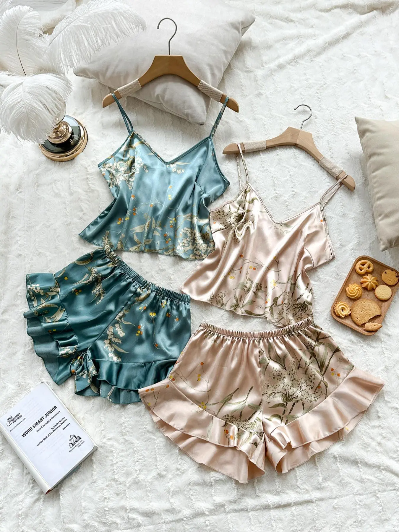 Women's Floral Print Sleeveless Spaghetti Strap Cami Top & Ruffle Trim Shorts Satin Fabric Pyjama Set, Summer Loungewear, Fit, Machine Washable, Sleepwear Set for Women