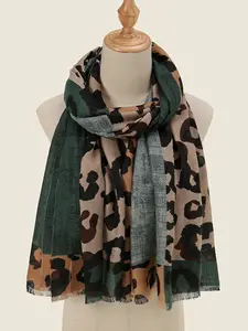 Women's Elegant Fashion Winter Neck Scarf, Leopard Print Shawl 90x180cm with Fringe Detail, Soft Hijab Fabric, Casual Versatile Accessory, Boho Style Scarf