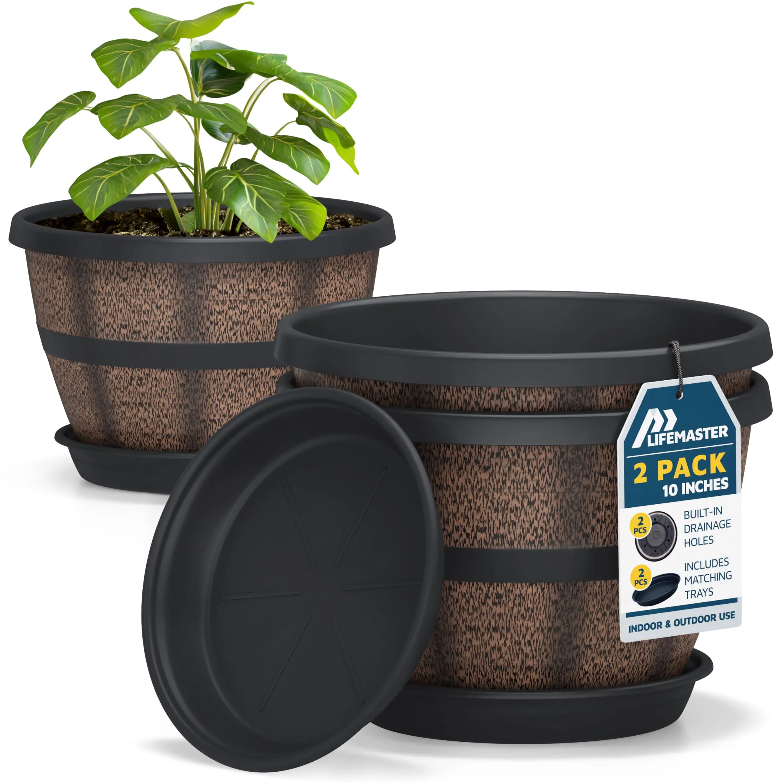 10-Inch Whiskey Barrel Planters Pack of 2, Durable Plastic Pots with Drainage & Saucer for Indoor Outdoor Plants Garden Pots Decorative Garden Pots