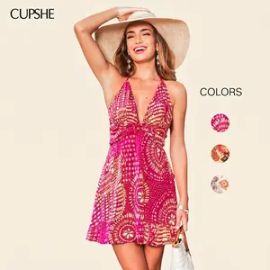 CUPSHE Women's Bohemian Abstract Plunging Neck Sleeveless Woven Flowy Mini Dress - Casual Summer Dress, Beach Outfit for Summer #DealsForYouDays, Beach Outfits