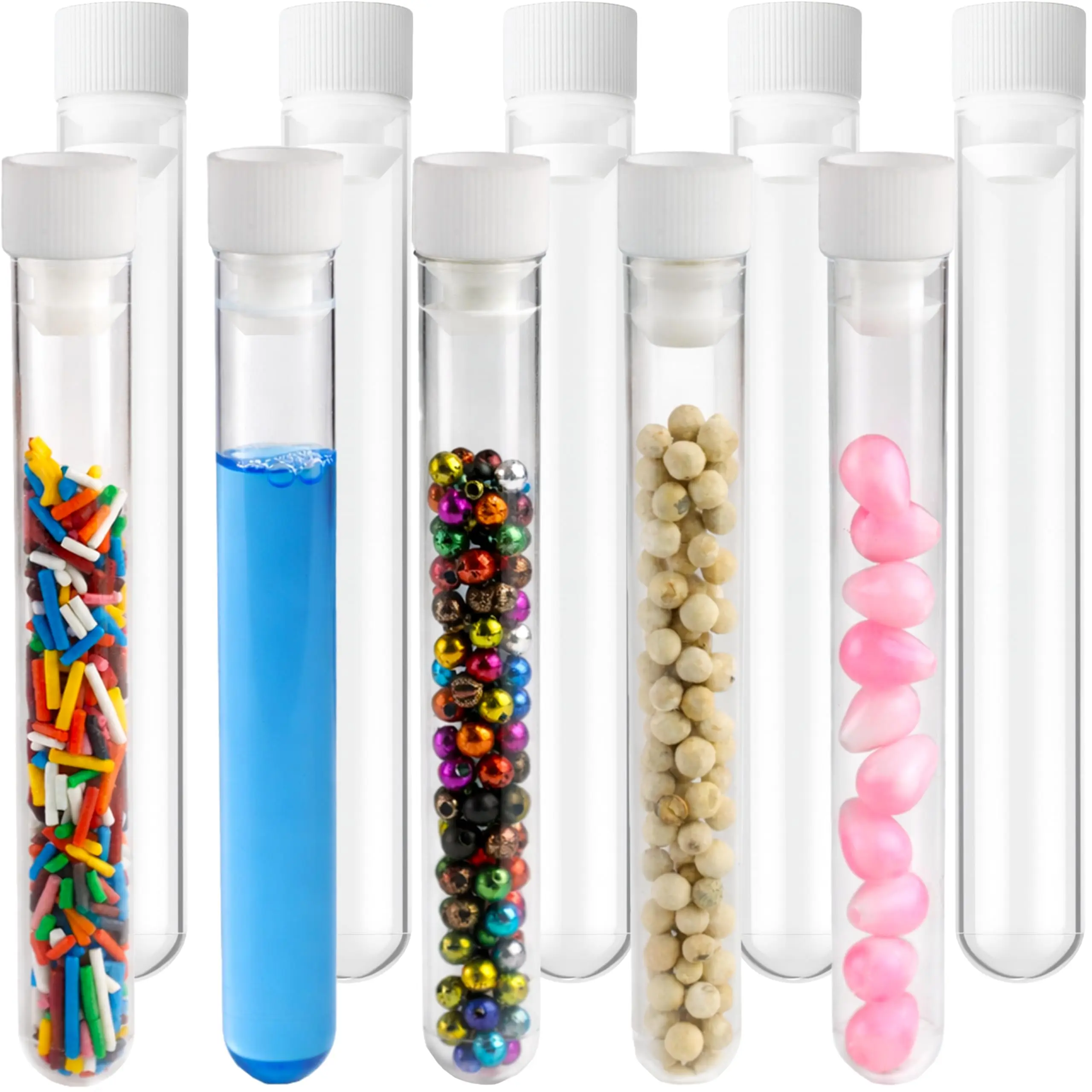 Berenti 10 PCS Plastic Test Tubes with Caps (10 ml) - Clear Test Tubes with (4.3"L x 0.5"W ) for Scientific Experiments, Sample Testing, Home & Party Décor and as storage container for Beads, Powder