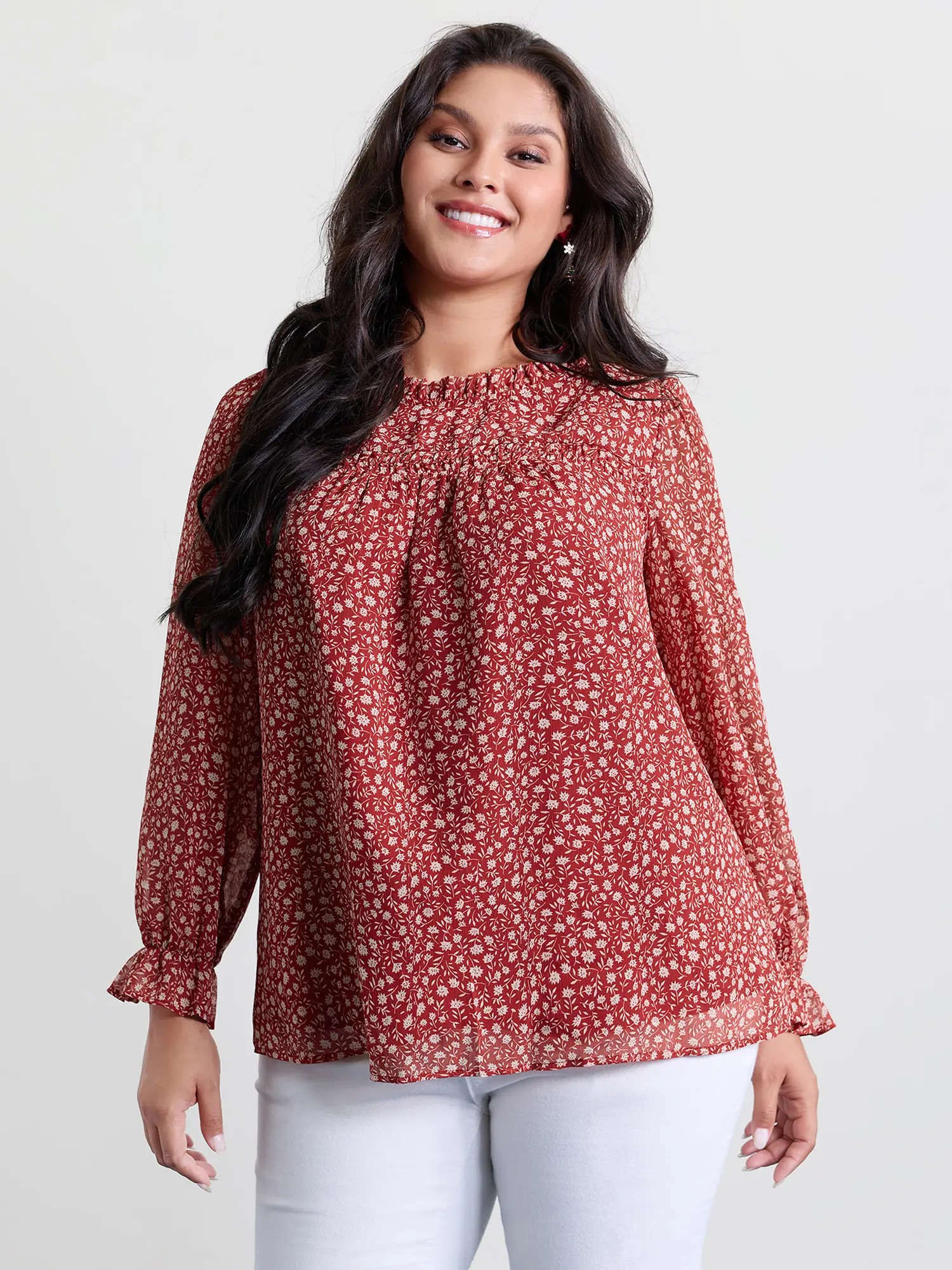 BloomChic Women's Plus Size Boho Blouse, Crimson Ditsy Floral Top in Smooth Polyester with Long Lantern Sleeves and Stand-Up Collar, Fabric, Garment, Cute Tops For Women, Boho Top