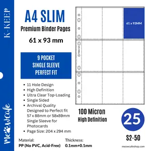 K-KEEP [A4 SLIM] -  9 Pocket (61x93mm) For Perfect Fit (59.5x91/58x89 mm) Sleeve  - 11 Holes Premium Binder Pages, 100 Micron Thick, High Definition (Pack of 25) - (S2-50)