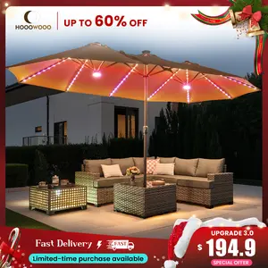 HOOOWOOO 15FT Large Double-Sided Patio Umbrella with Solar Led lights & Base Waterproof Durable Adjustable Lighted for Garden Deck Backyard Pool Beach Canopy Shade