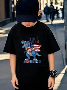 New Men's And Women's Short-Sleeved T-Shirts With Round Neck, Summer Black Top, Independence Day Dinosaur, Stars And Stripes Cape Patriotic Theme Print, Fashionable For Outdoor Leisure, Comfortable And Versatile, Excellent Gift Choice
