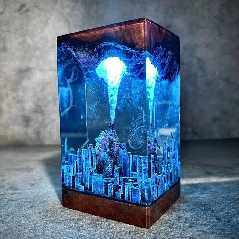 Handmade Godzilla Atomic Breath Resin Lamp | Movie City Diorama LED Desk Night Light | Aesthetic Room Decor Mood Lamp | Festive Decor Gift for Fans & Collectors