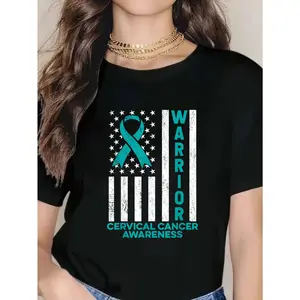 100% cotton unisex “Cervical Cancer Awareness Warrior” T-shirt with American flag and teal ribbon; women’s round-neck short-sleeve T-shirt (2026 model)