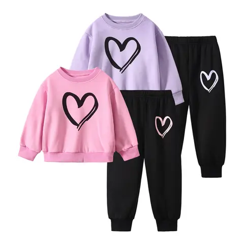 #falloutfits  Girls' 4-Piece Casual Set, 4-12 Years Old Kids' Clothes with Heart Print Hoodies & Warm Sweatpants for Autumn-Winter Fashion Sports Wear (Cute Look)
