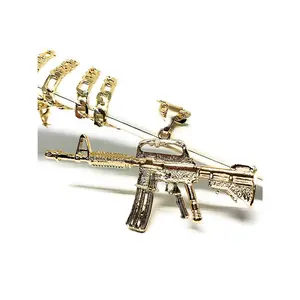 Gold Plated Machine Gun Pendant Necklace Figaro 26" Cuerno de Chivo Medalla Oro Laminado