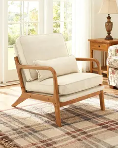 Karl home Accent Chair Mid Century Modern Chair with Upholstered Linen Fabric Pillow with Solid Wood Frame and Soft Cushion for Living Room, Bedroom, Balcony, Beige