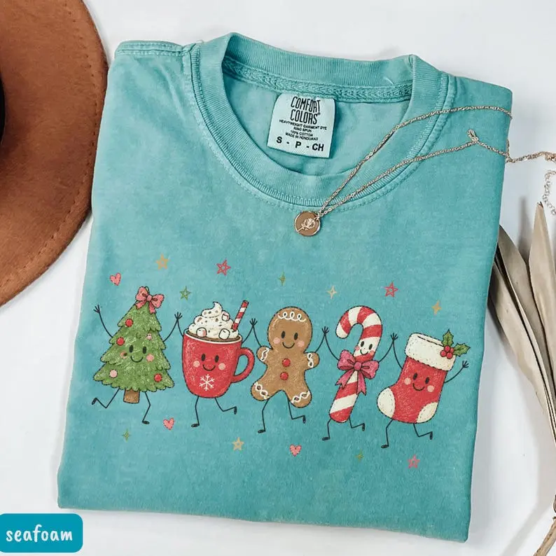 Comfort Colors Christmas Doodles Shirt, Cute Snowman Gingerbread Candy Cane Graphic Tee, Retro Christmas Tree T-Shirt, Festive Winter Apparel, Holiday Gift