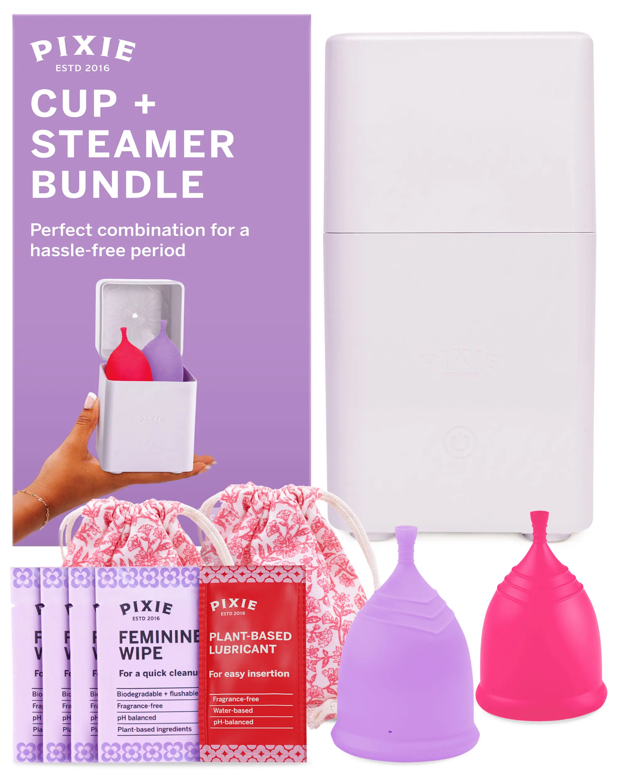 Pixie Menstrual Cups with Sterilizer - The Most Comfortable Soft Reusable Period Cup - Kills 99.9% of Germs with Clean Steam - Wash Your Cup in 3 Minutes! - Compact Sanitizer Kit for Feminine Care