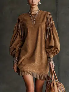 Women's Faux Suede Fringe Mini Dress, Puff Sleeve Loose Fit Tunic Dress, Western Bohemian Retro Outfit, Ladies Casual Party Dress, Womenswear, Oversized Fringe Dress for Festival & Vacation
