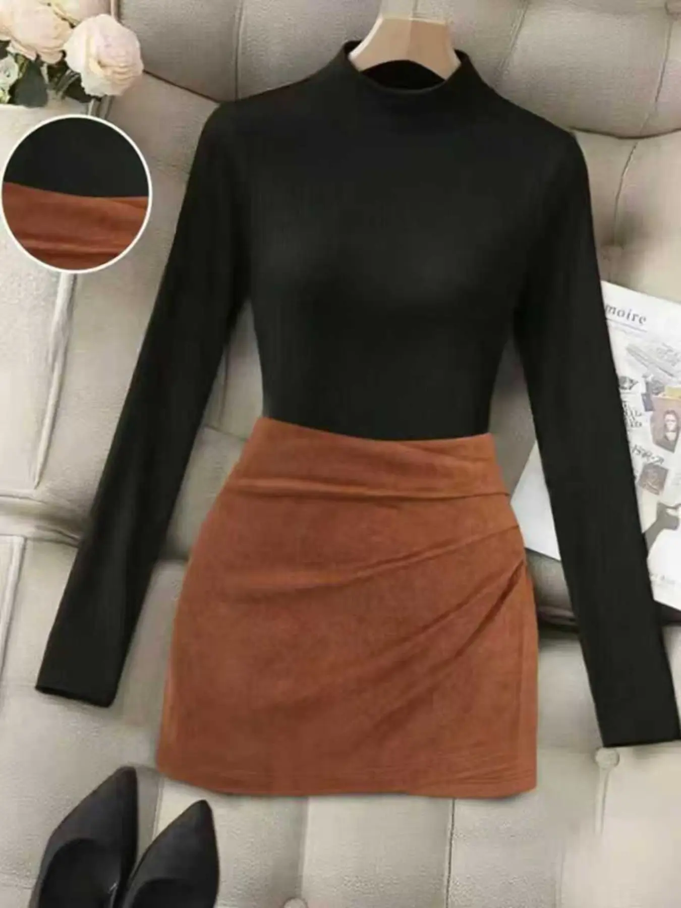 Women's Fall Winter High Neck Turtleneck Long Sleeve Ribbed T-Shirt Top and Pleated Midi Skirt Set, Casual Fashion Clothing Set Two-Piece Outfit, Fitted Set Outfit, Y2K Style, Chic, Plain Pattern, Clothes, Womenswear