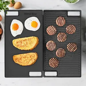 Cast Iron Reversible Grill/Griddle Set with Press, Scraper & Mitts - Pre-Seasoned, Non-Stick - 16.75" x 9.5" - Gas Stove, Grill, Camping, Indoor and Outdoor Cooking
