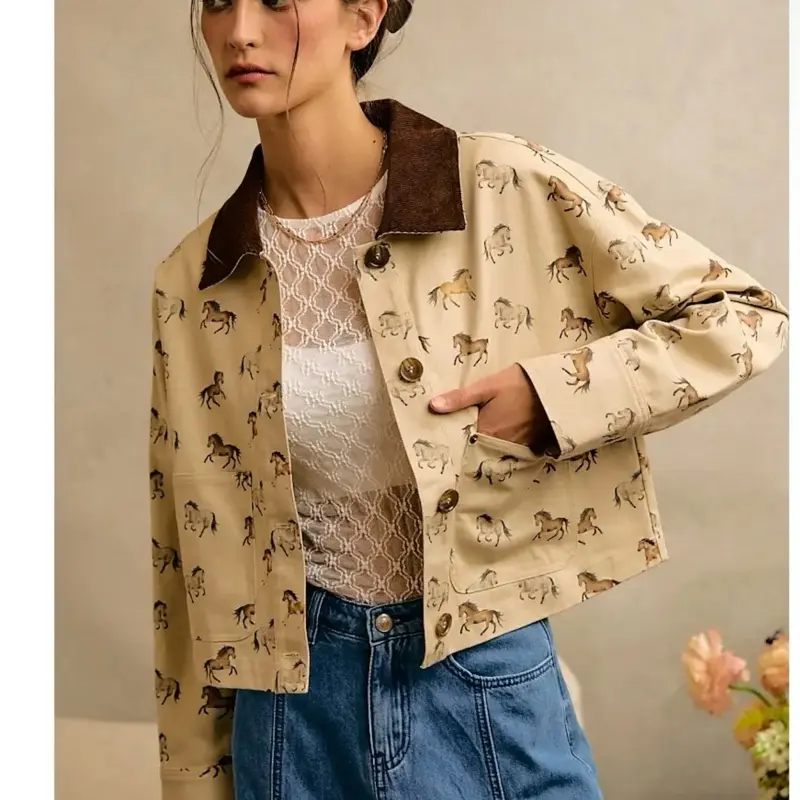 Horse Print Corduroy Collar Jacket