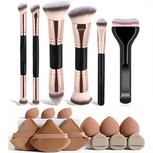 6-Piece Dual-Ended Makeup Brush Set, Two-In-One Multifunctional Foundation Contour Eyeshadow Blush Brushes, Premium Synthetic Hair Beauty Tools, Makeup Blending Brush, Contoured Foundation Brush