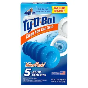 Ty-D-Bol 1.4 oz. Toilet Bowl Cleaning Tablets (5-Tablets), toilet tank, toilet bowl interior, flush rim, master bathroom toilet, guest toilet, kids' toilet, office stall, hotel room toilet, RV toilet, apartment toilet, automatic cleaning, deodorizing