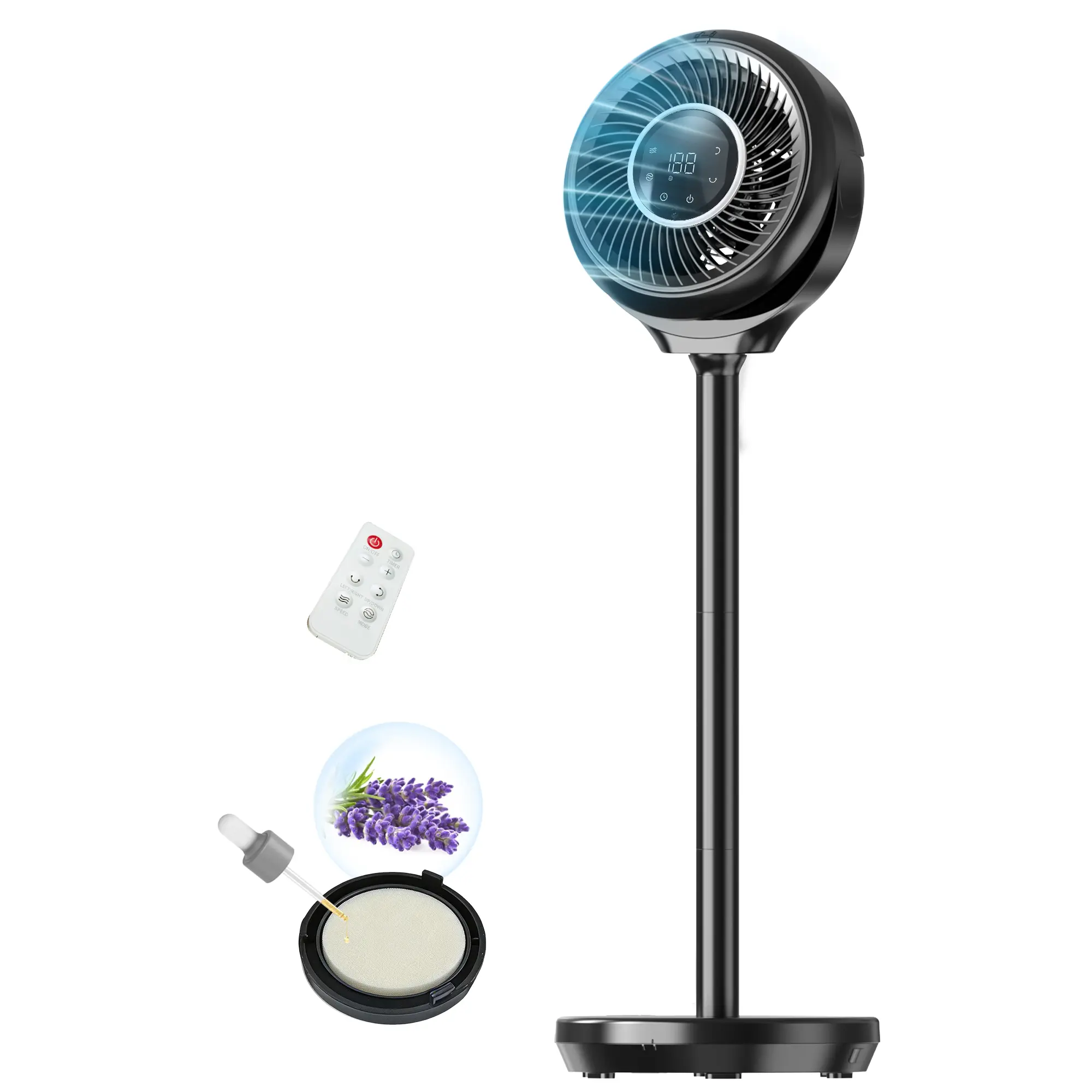 Adjustable Cooling Pedestal Fan for Bedroom - 180° Wide Oscillating, 90° Vertical Tilt, 25dB Ultra Quiet Motor, 15 Speed Circular Multi-Speed Settings, 3 Modes, 12H Timer, 15-38" Height Adjustable, Remote Control