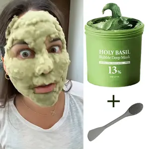 Holy Basil Bubble Deep Mask – Holy Basil & Carbonated Water for Cleansing Pores & Blackheads, Suitable for All Skin Types, Vegan Clay-to-Bubble Wash-Off Mask (90g / 3.17 oz) korean  face pcalm pack Green Cooling Cleansing Mud Mask