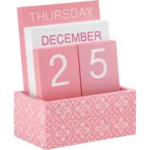 Wooden Block Perpetual Calendar for Desk, Cute Desk Accessories Pink, Flip Calendar for Office Classroom Preppy Room Decor