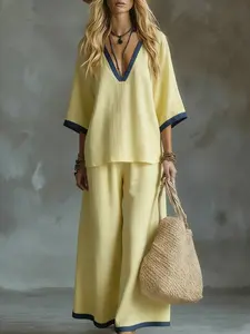 2026 New Linen Two‑Piece Set, Womenswear, Vacation Style, European‑American Casual Niche Style, V‑Neck Contrast Trim Half‑Sleeve Top & Wide‑Leg Pants, Loose Breathable Lazy Vibe, Essential for Beach Vacation, Daily Commute & Travel