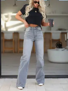 USBoutiqueCHIC Women's Stretch Denim-Look Pants 320GSM High-Waisted Trousers with Elastic Waist for Casual & Office Wear