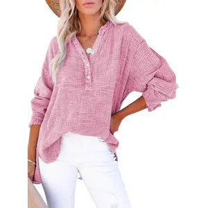Women’s V-neck gauze shirt — soft crinkled cotton casual long-sleeve blouse with button front, breathable and loose fit for travel, city walks, or brunch with friends