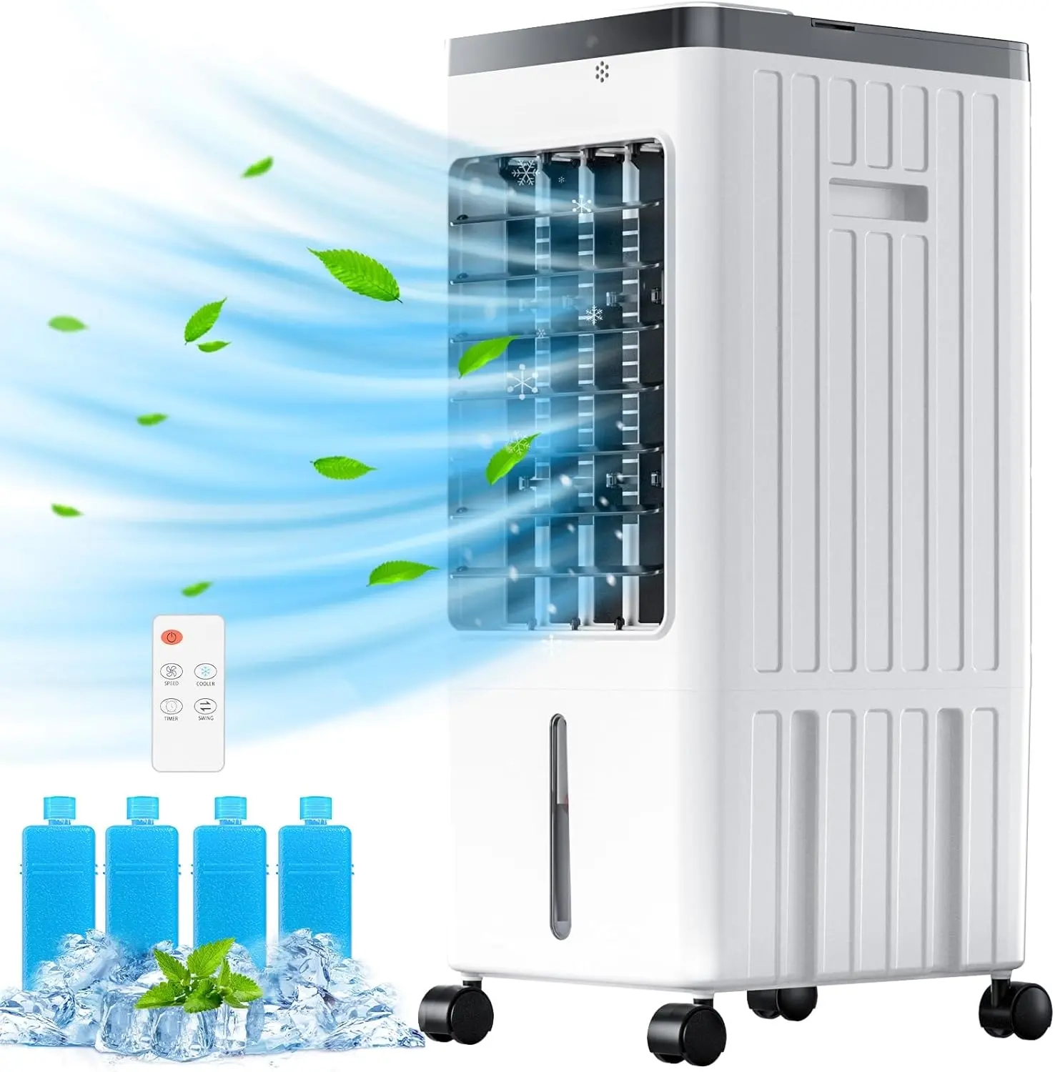 Taztir 3-in-1 Portable Evaporative Cooler - Multifunctional Cooling Fan, 1.16Gal Water Tank, 5 Ice Packs, Remote Control, 12H Timer, Adjustable, Silent Operation, Stay Cool for Desk, Bedroom, Office, Pregnant Women, Seniors