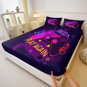 3Pcs Cool Game Controller Print Fitted Sheet Set, Neon Graffiti Lightning Gamer Bed Sheet Set, Trendy Video Game Bedding Set with Pillowcases, Deep Pocket Bedding for Boys Teens Gamers, Game Room Bedroom Home Decor