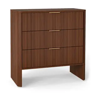 Wooden Cabinet with 3 Drawers Wavy Pattern Modern Bedside Cupboard Dressing Table for Bedroom Living Room Hallway Walnut Color
