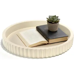 Decorative Tray for Coffee Table, 12'' Resin Modern Decorative Tray for Home Decor, Elegant Table Centerpiece White Round Fluted Serving Vanity Tray for Bathroom Kitchen Living Room Decor