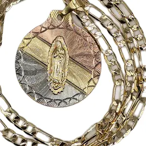 Maxi Medalla Virgen De Guadalupe 44mm Gold Plated Pendant with Elegant Chain for Religious Jewelry