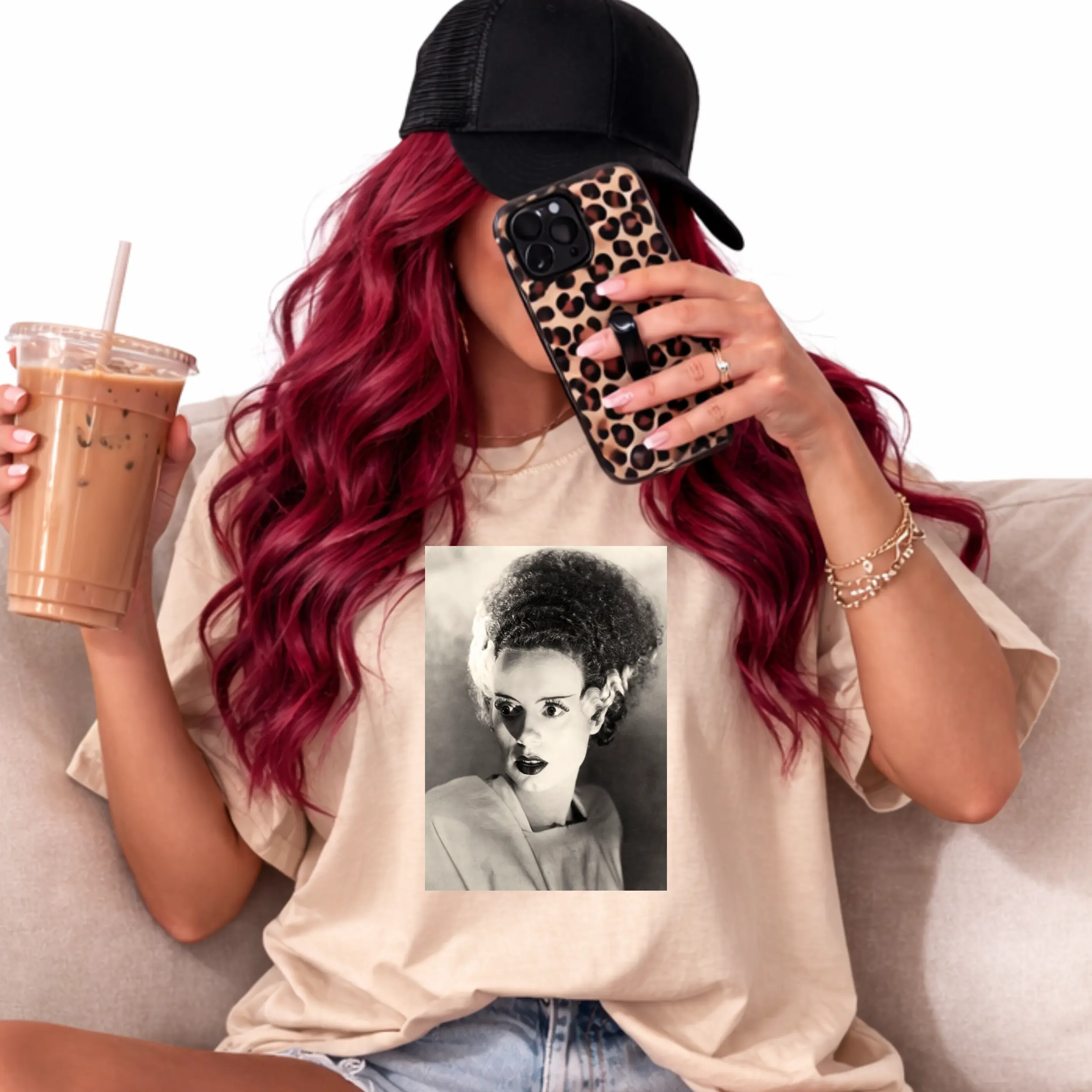 Men's Retro Black Graphic T-Shirt - Menswear, Vintage Bride of Frankenstein Portrait Print, 100% Cotton Soft Relaxed Boxy Cut Crew Neck Short Sleeve Ribbed Knit All Seasons Casual Top