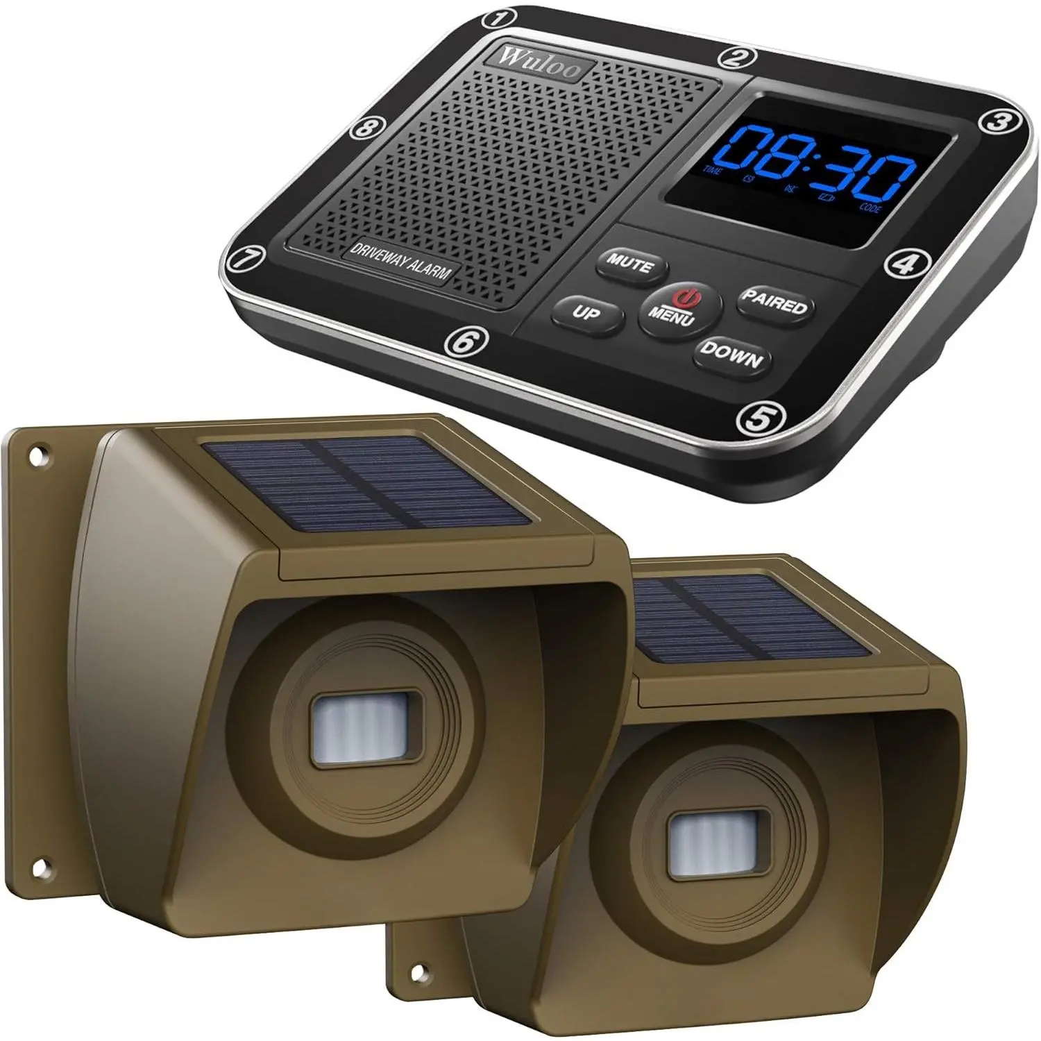 Solar-Powered Driveway Alarm System, Wireless Outside Weatherproof Driveway Alert with 1800ft Range, Outdoor Motion Sensor Detector, Rechargeable, Mute Mode (1&2-Brown) - Wireless Solar Sirens, Driveway Alarms Wireless Outside Weatherproof