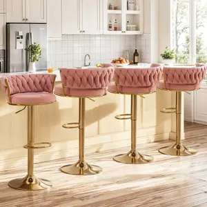VECELO Bar Stools Set of 2 Woven Modern 360° Swivel Gold Base Bar Stools,Adjustable Height Barstools with Velvet Backs Metal Tall Kitchen Counter Chairs for Bar Pub Home