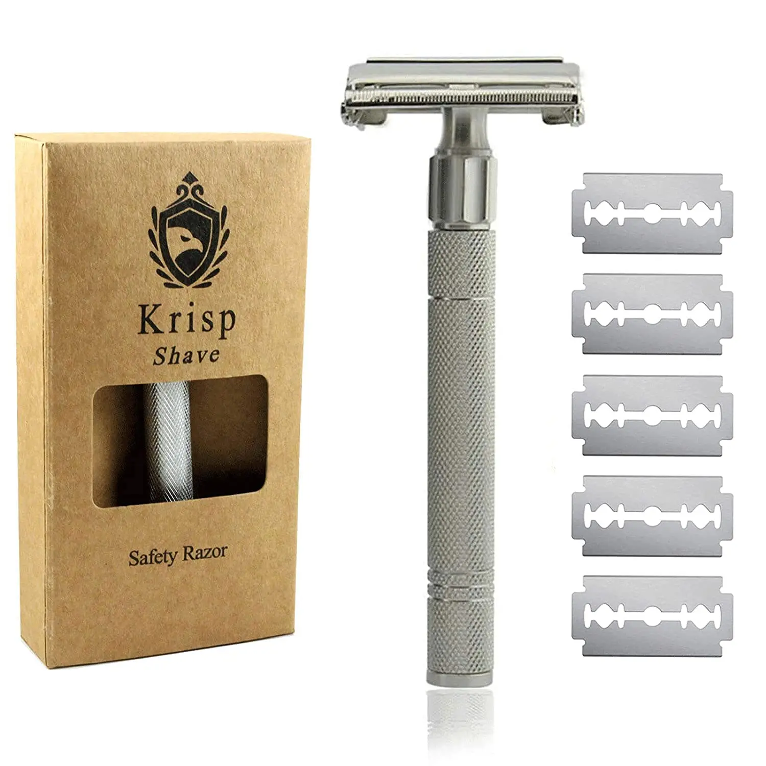 Krisp Beauty 4" Long Handled Double Edge Safety Razor, Butterfly Open Men Women Shaving Razor with 5 Double Edge Razor Shaving Blades Provides Bump Free Wet Shave Comfort