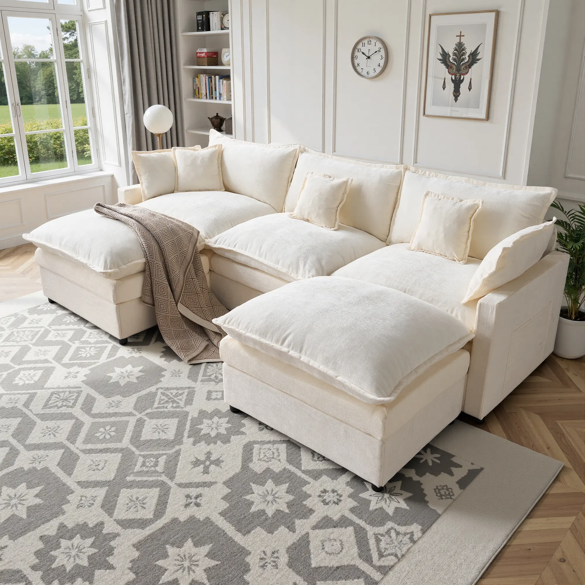 CAODOC Modular Sectional Sofa 108" U-Shaped Modern Comfy Cloud Couch, 5-Seat Chenille Deep Seat Sofa with Throw Pillow & Movable Ottoman for Living Room, Bedroom and Apartment
