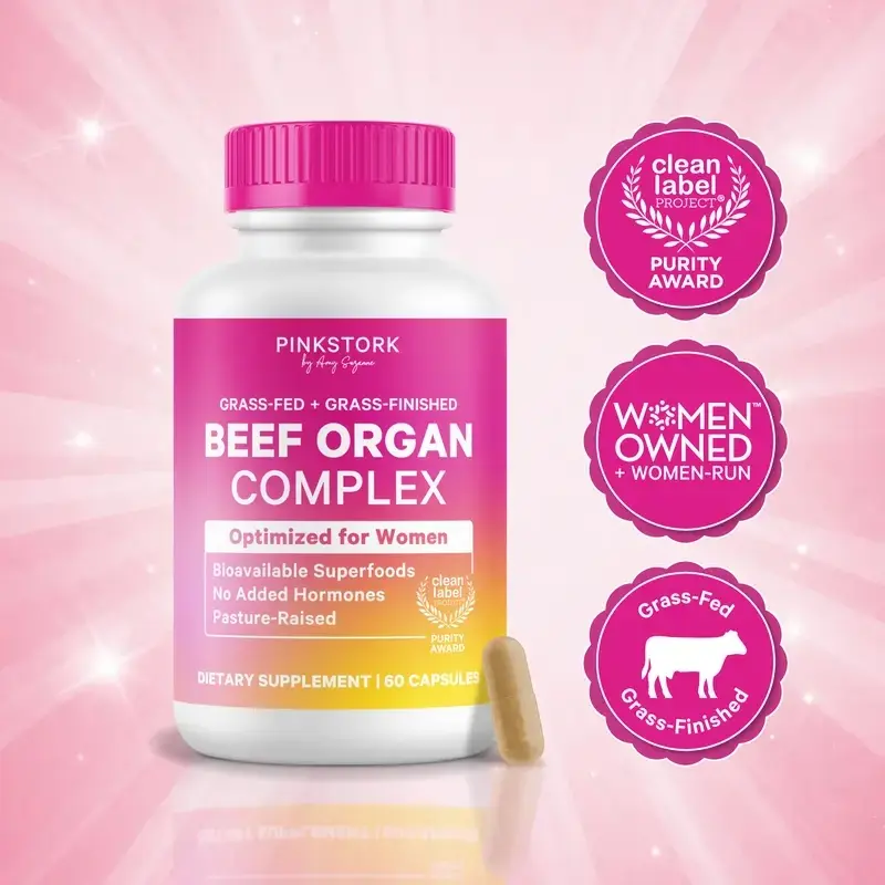 Pink Stork Beef Organ Supplement for Women | Clean Label, Grass-Fed Primal Bioavailable Multivitamin | Liver, Heart, Ovary, Kidney, Uterus, Iron, B12, CoQ10, Vitamin A, Zinc | Skin + Nail Health, Hormone + Energy Support | Dietary Healthcare | 60 Capsules