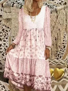 Printed Floral Patchwork Fitted Long Sleeve Dress, Simple Elegance Boho Style, Women's Fashion Casual Wear, Perfect for Daily