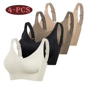 4PCS Women's Solid Four-breasted Adjustable Wireless Bra, Soft Comfortable Breathable Ribbed Push Up Seamless Bra, Women's Lingerie for All Seasons Flat Elastic