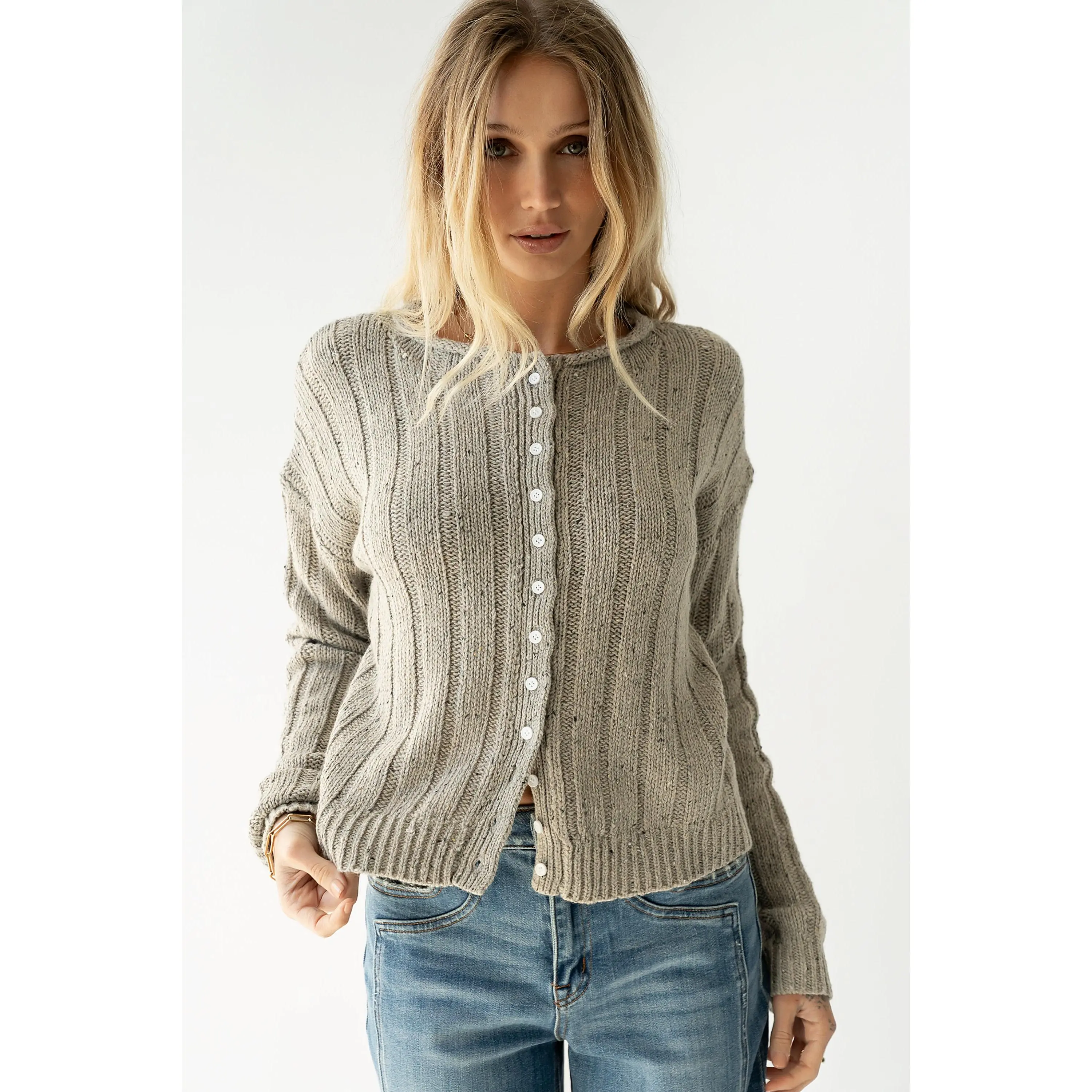 Lady's Casual Long Sleeve Ribbed Katira Button-Up Knitwear Sweater, Heather Grey - FINAL SALE