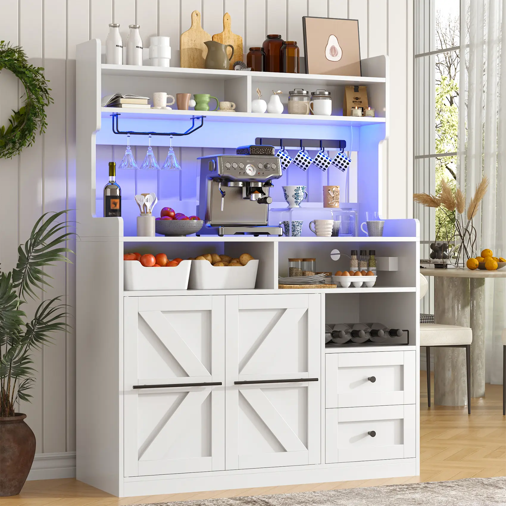 White MDF Wood Farmhouse Buffet Cabinet - 54.5" High Modern Sideboard with Drawers, Charging Station, Barn Doors, Wine Rack, Hooks, Easy Assembly Furniture for Kitchen, Dining Room