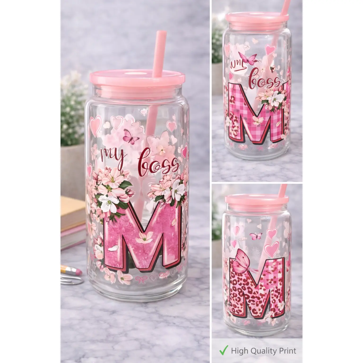 Personalized “My Boss Call Me Mama” Initial Glass Can Cup – Pink Floral Monogram Tumbler with Lid & Straw | Custom Boss Gift | Cute Girly Drinkware