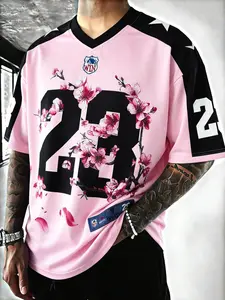 Limited Edition Sakura Sports Jersey No. 23, Sweet Cool Colorblock, High Street V-Neck Short Sleeve, American Football Style Patchwork, Stylish Jersey, Sports Apparel